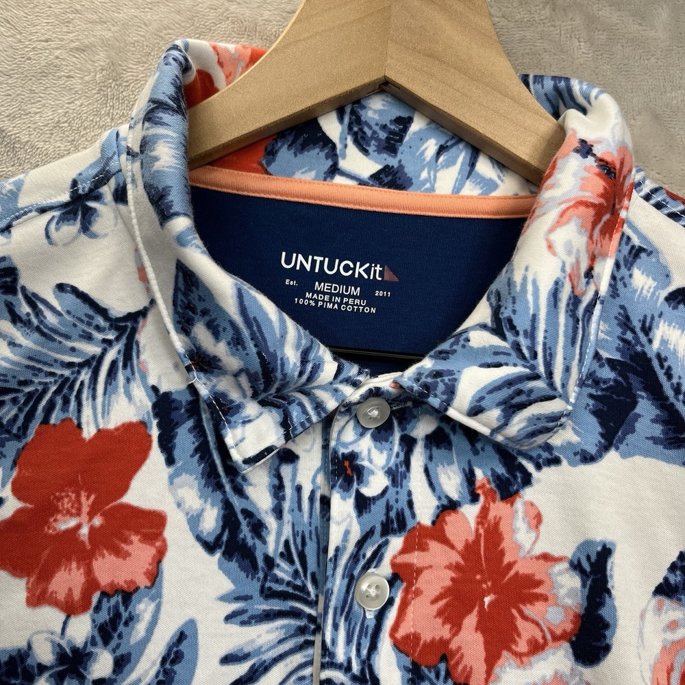 UNTUCKit Polo Shirt Mens Medium Blue Floral Tropical Pima Cotton
